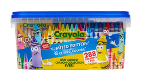 Reusable storage tub keeps crayons organized and easy to grab.