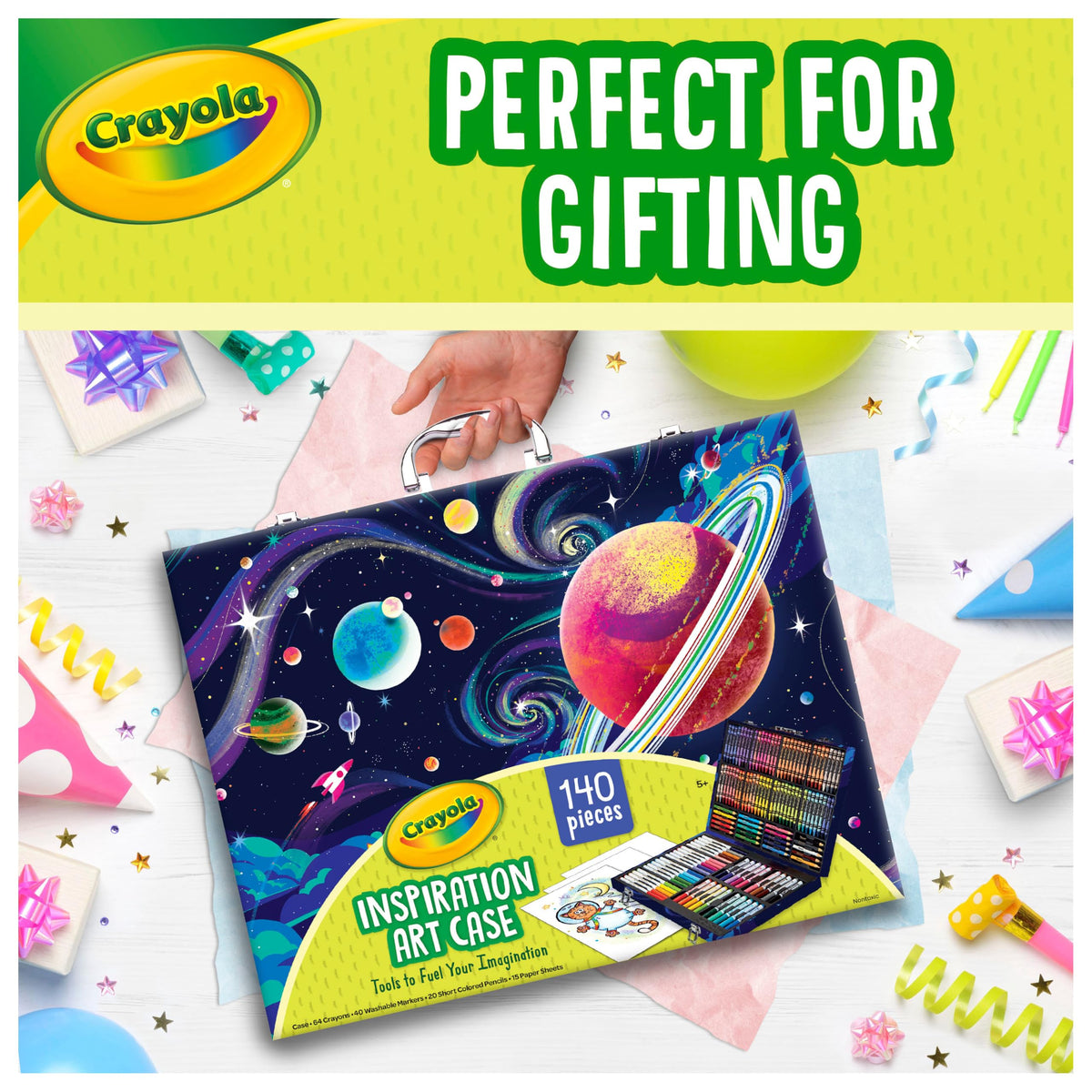 64 Crayola crayons in vibrant spectrum for bold lines and subtle blends.
