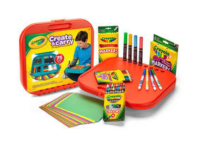 Crayola Create & Carry kit on lap desk, easy crafting anywhere.