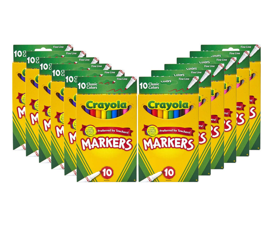 Crayola fine line markers in a 12-box set for precise, crisp lines in classroom art.