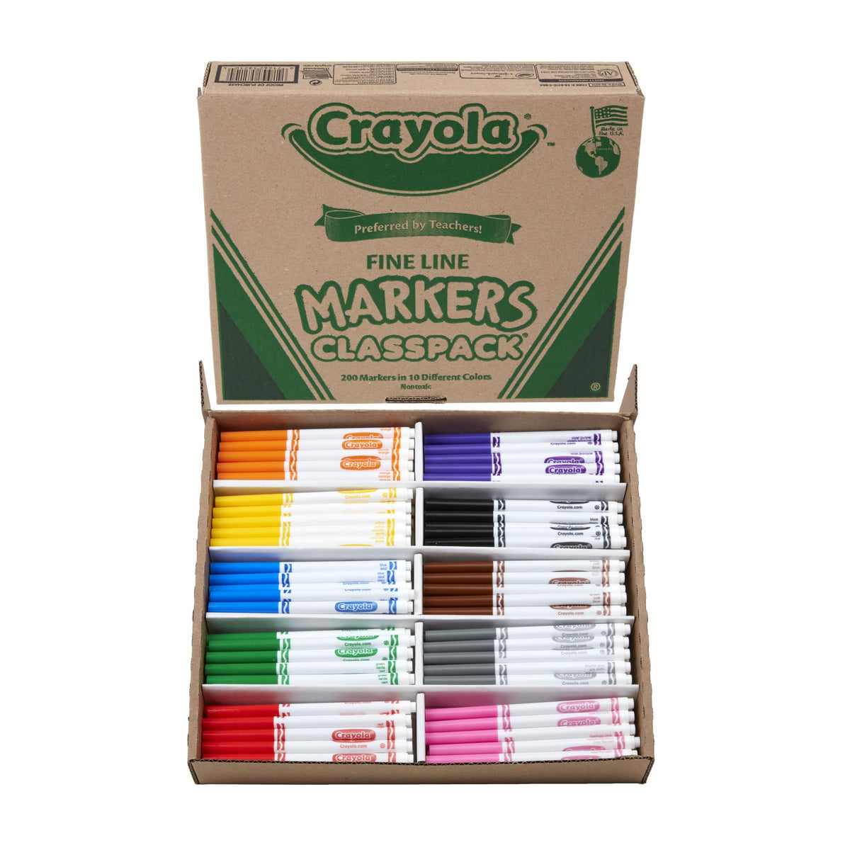 Crayola Fine Line Markers Classpack 200ct in a box for classroom organization and quick access.