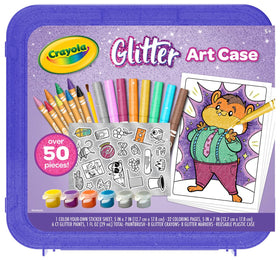 Crayola Glitter Art Kit paint pots sparkle on vibrant crafts for kids' projects.