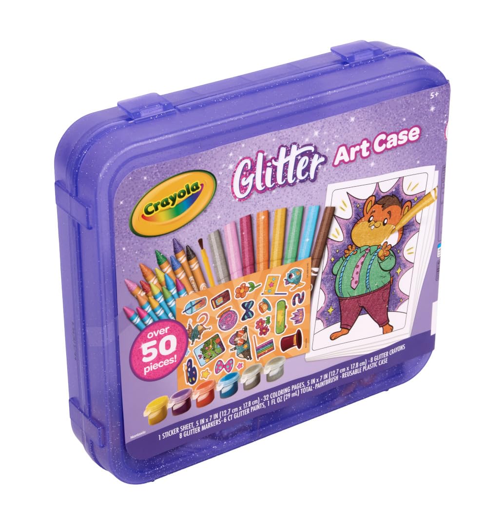 Crayola Glitter Art Kit color-your-own sticker sheet with glitter accents for personalization.