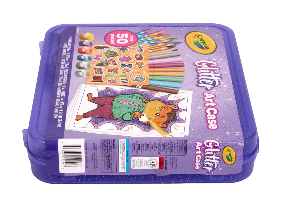 Crayola Glitter Art Kit storage case keeps supplies organized for on-the-go creativity.