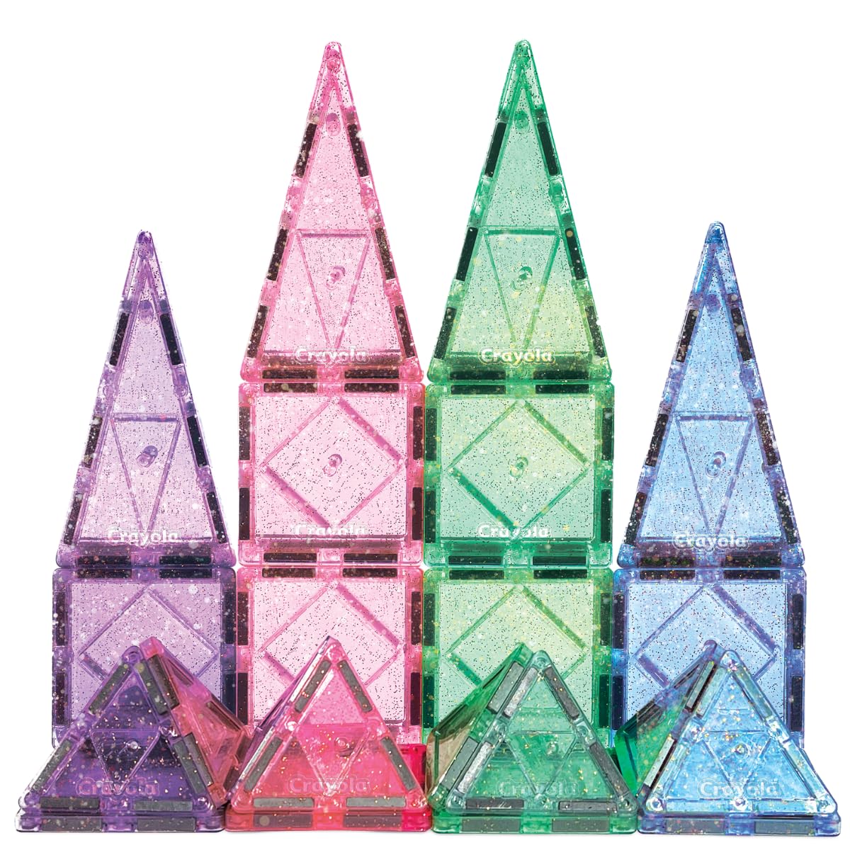 Crayola Glitter Magnetic Tiles assembly close-up shows magnets for hands-on STEM play