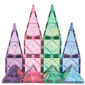 Crayola Glitter Magnetic Tiles assembly close-up shows magnets for hands-on STEM play