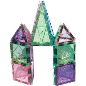 Crayola Glitter Magnetic Tiles castle and rocket pieces illustrate mix-and-match creativity