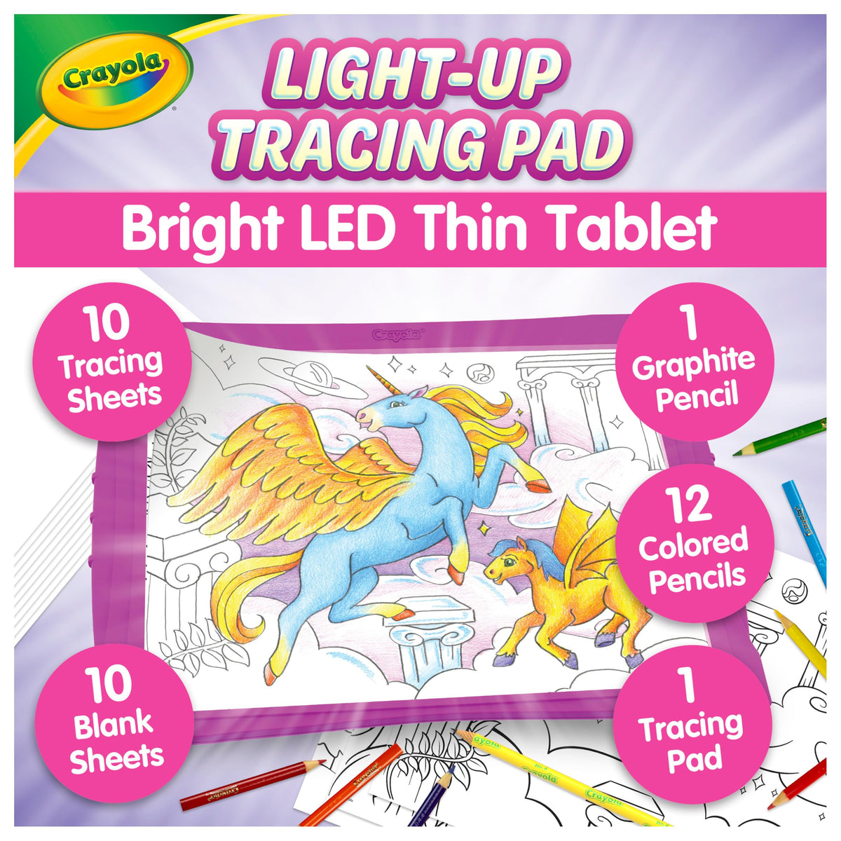 Crayola Light-Up Tracing Pad Pink front view shows compact, kid-friendly design for on-the-go creativity.