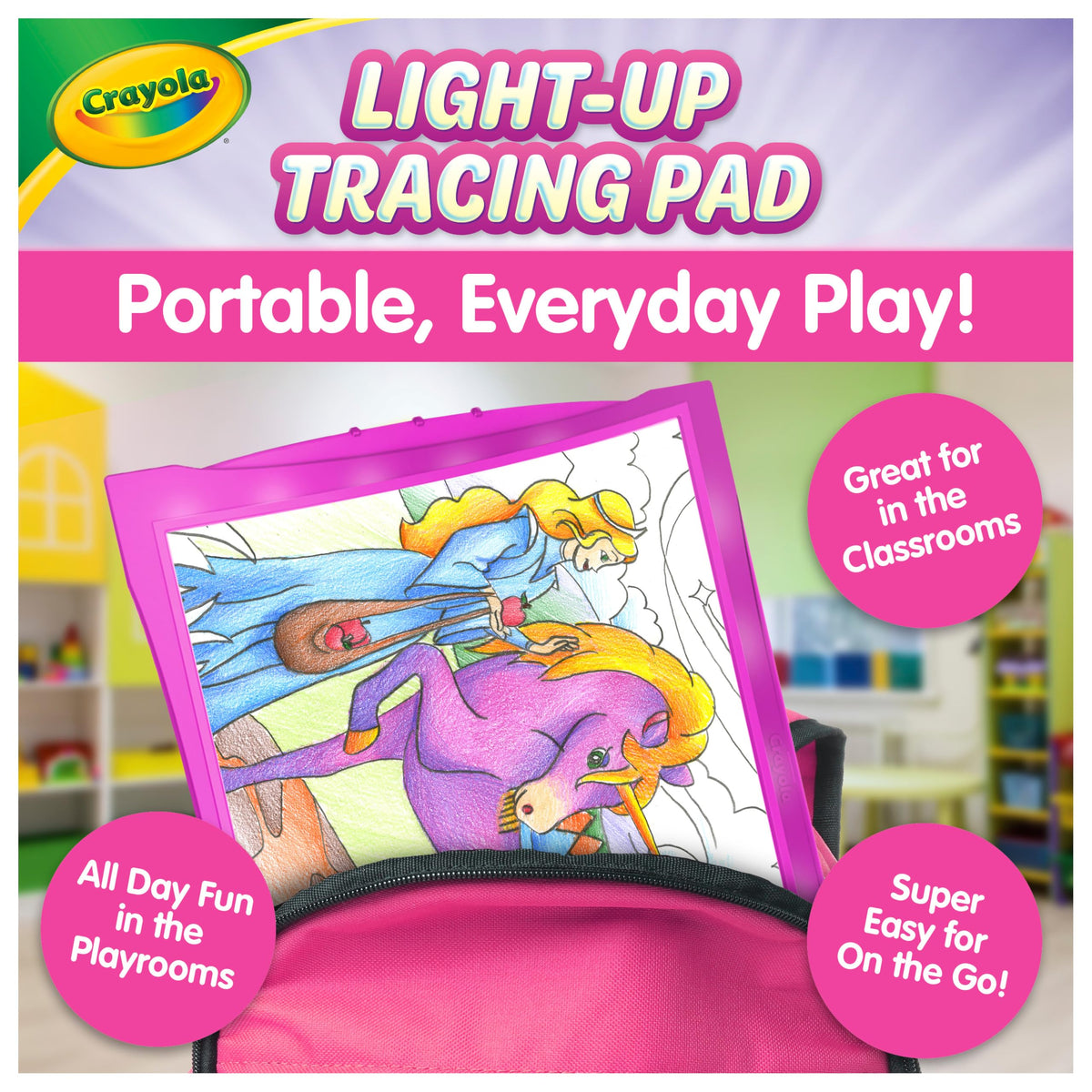 Crayola Light-Up Tracing Pad Pink in use at home for creative sketching.