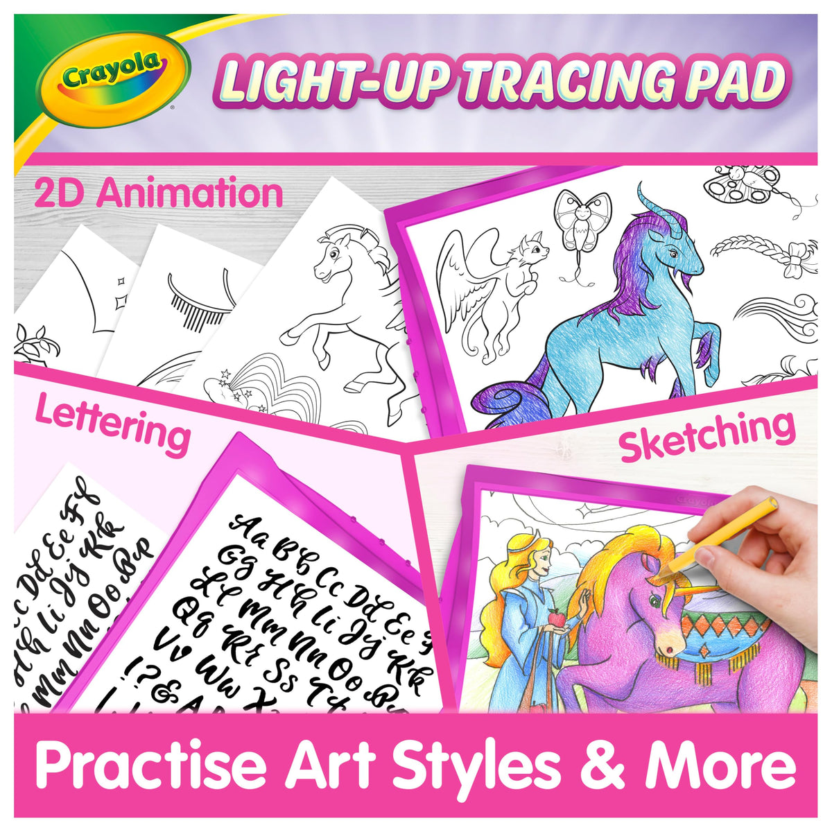 Crayola Light-Up Tracing Pad Pink opened tray showcases included sheets for instant tracing.