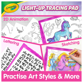 Crayola Light-Up Tracing Pad Pink opened tray showcases included sheets for instant tracing.