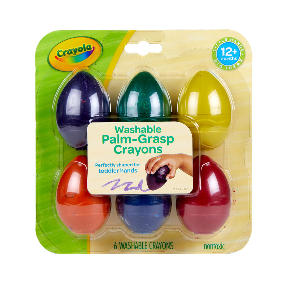 Crayola My First Palm Grip Crayons in egg shapes; easy for toddlers to hold and scribble.