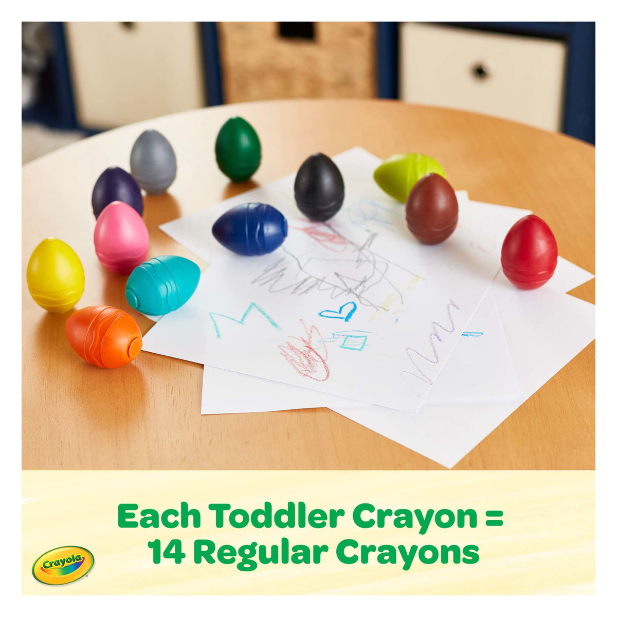 Crayola palm-grasp egg crayons designed for tiny hands, enabling confident doodling.