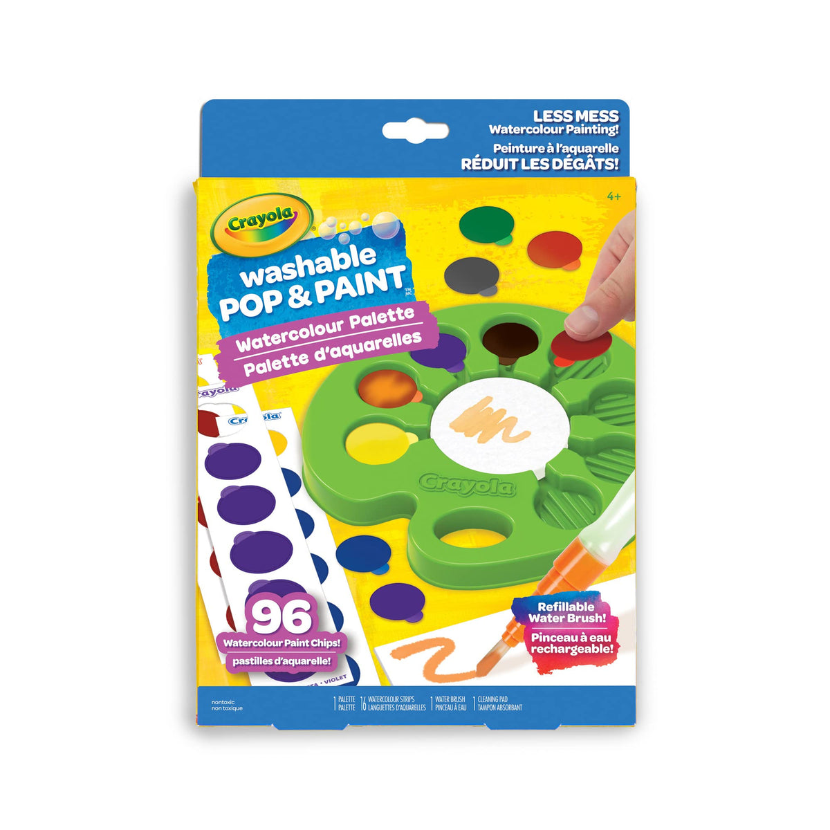 Crayola Pop and Paint Watercolour chips ready to activate with a refillable water brush for mess-free painting.