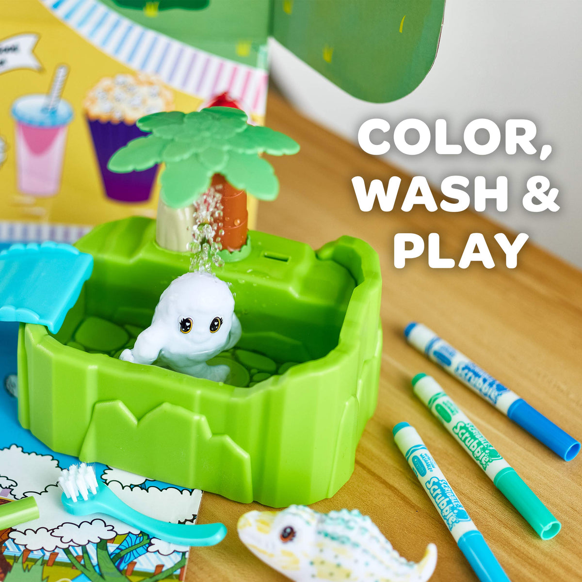 Crayola Scribble Scrubbie colorable background offers reusable backdrop for stories.