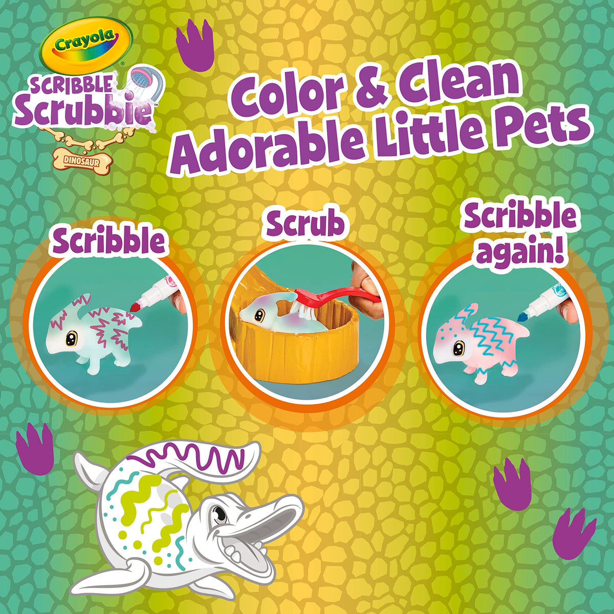 Crayola Scribble Scrubbie dinosaur pet 2 with flocked coat for color and wash play.