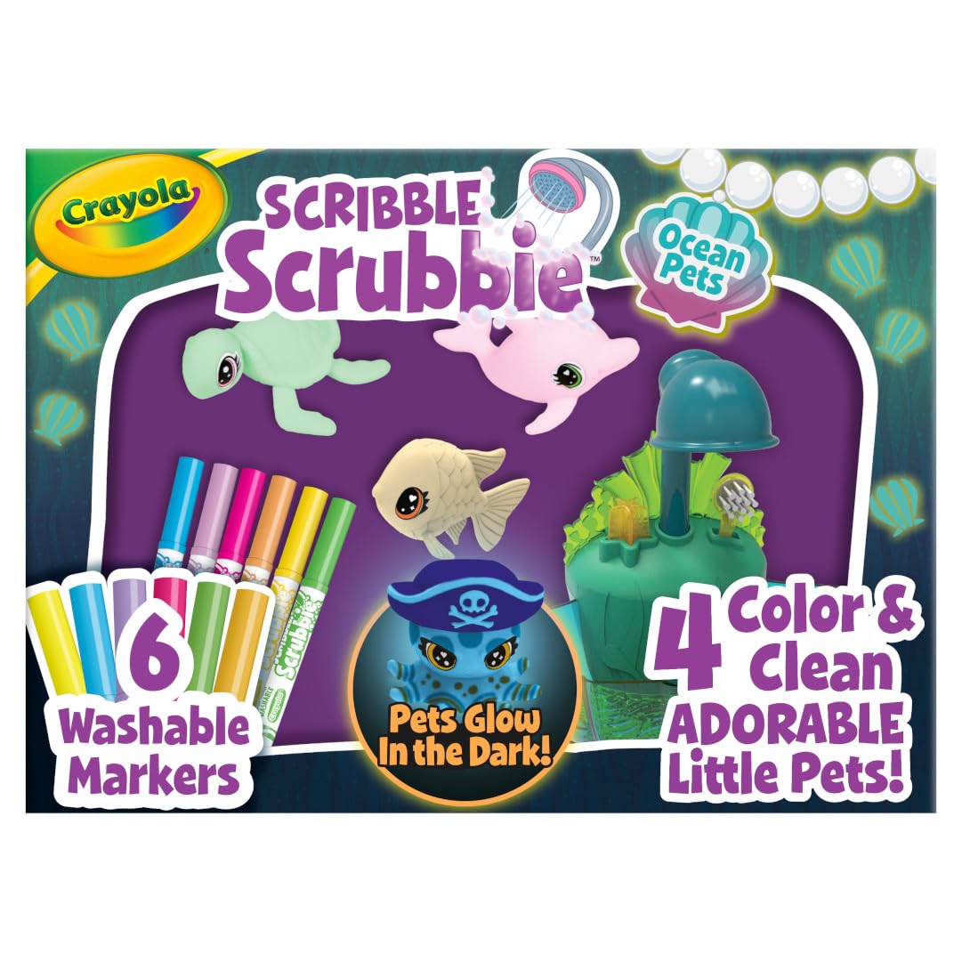 Crayola Scribble Scrubbie Glow Lagoon Pets with four glow pets ready for coloring play