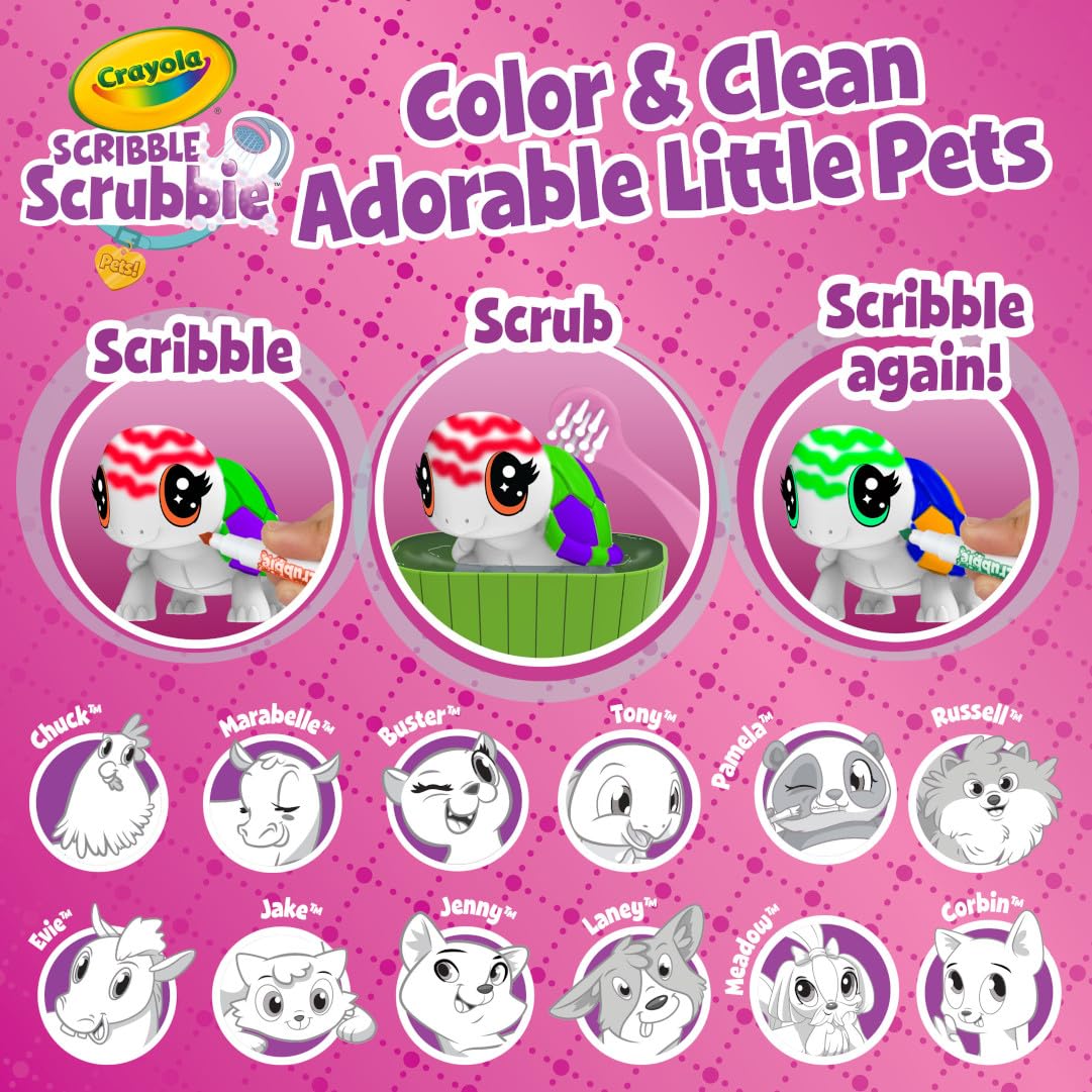 Crayola Scribble Scrubbie Pets Mega Pack scrub brushes for easy washing of figures.