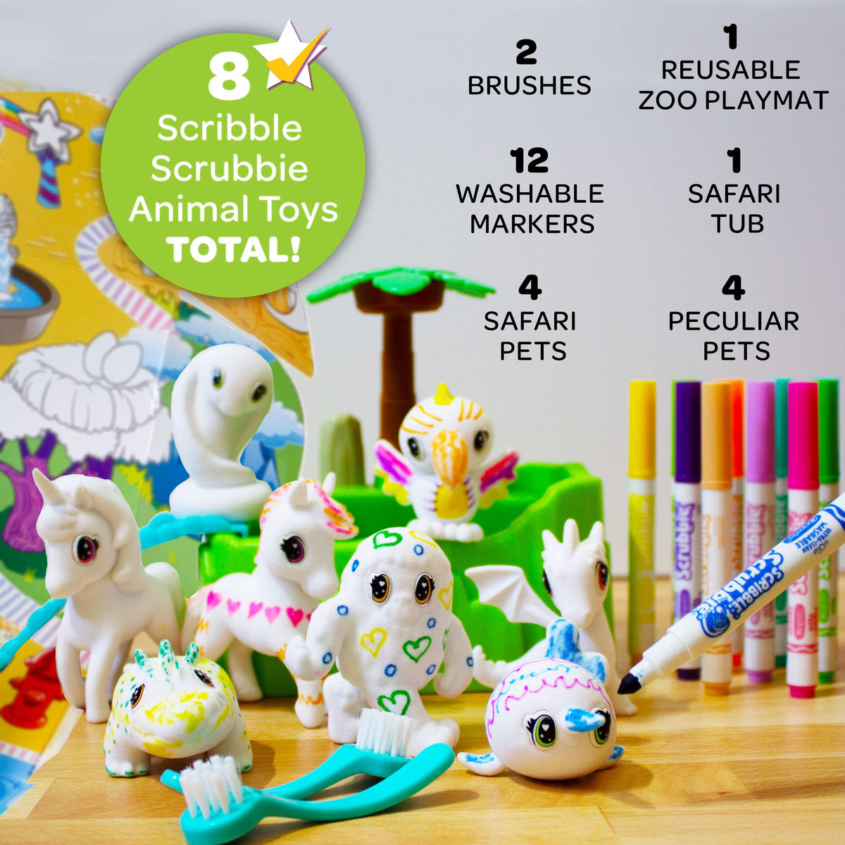 Crayola Scribble Scrubbie Safari tub for easy cleaning between creative sessions.