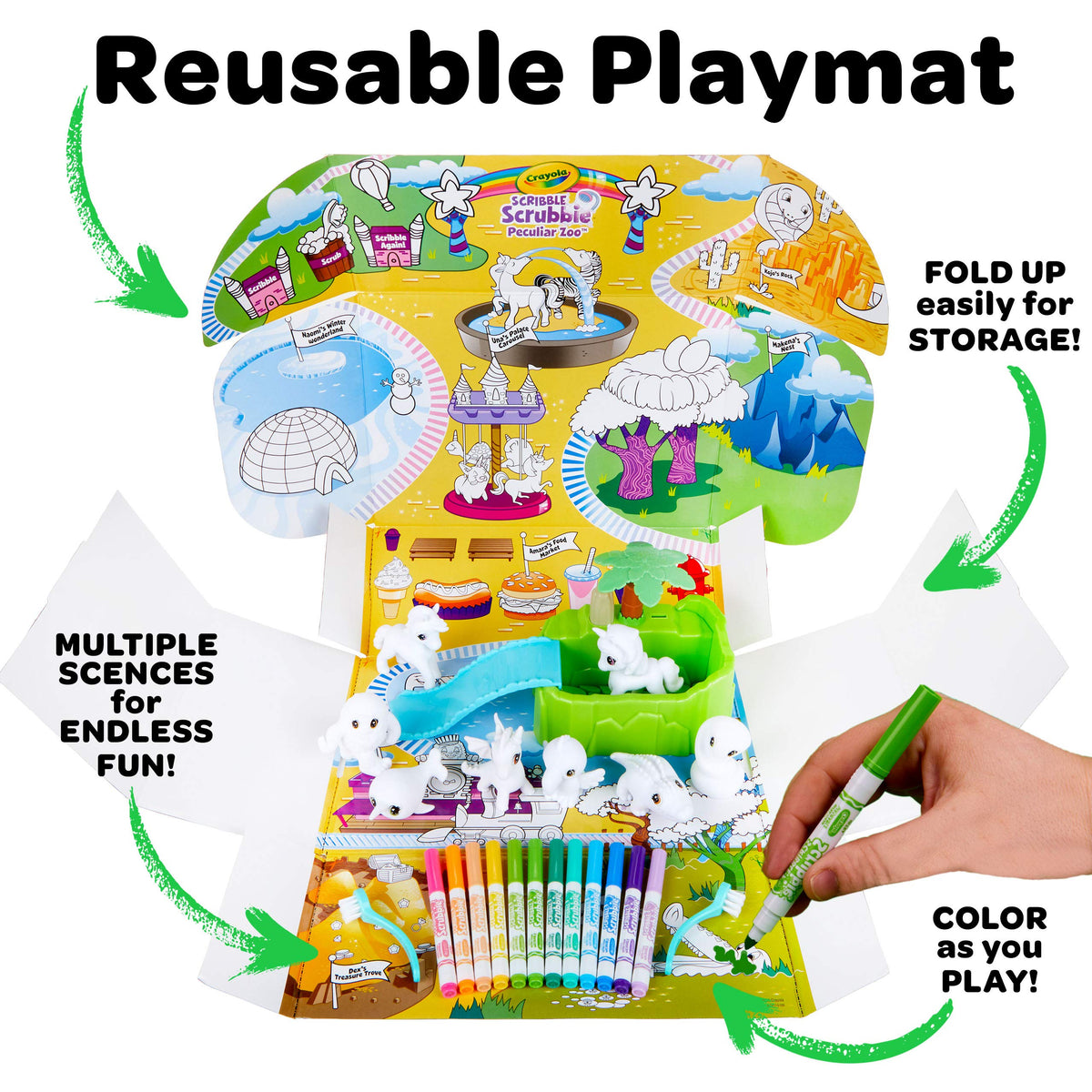 Crayola Scribble Scrubbie washable markers provide vibrant colors for endless play.