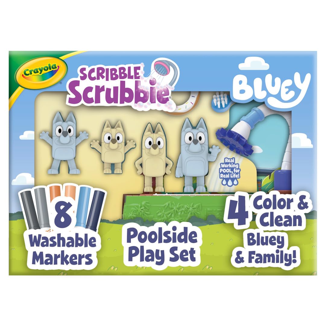 Crayola Scribble Scrubbies Bluey poolside playset with Bluey characters ready for color and wash play.