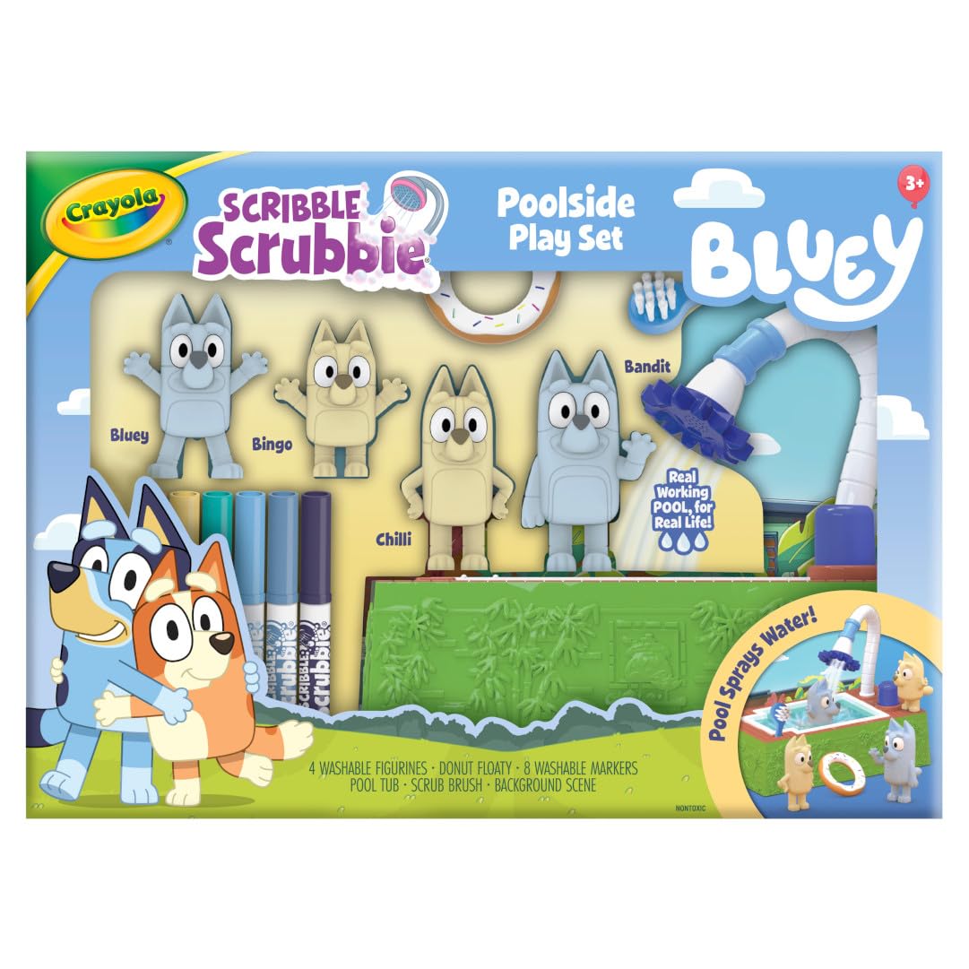 Crayola Scribble Scrubbies Bluey poolside pump-pool scene inviting creative color play.