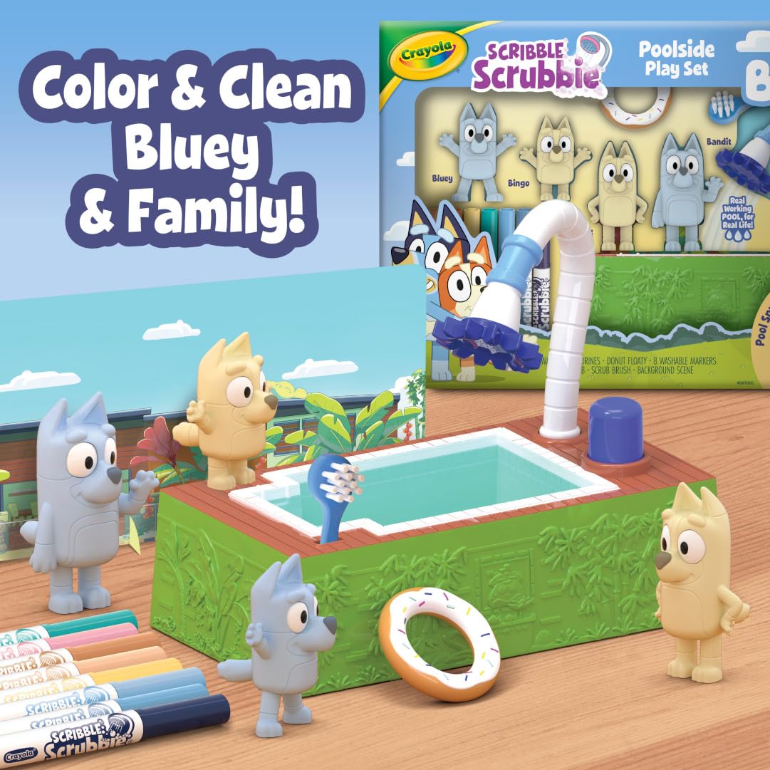 Crayola Scribble Scrubbies Bluey scrub brush included for quick cleanup after color play.