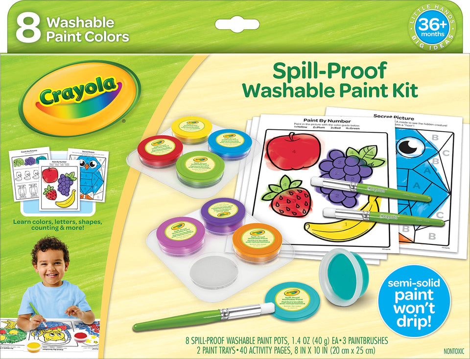 Crayola Spill Proof Paint Set with 8 washable pots for mess-free toddler art.