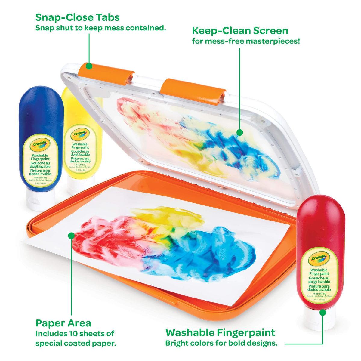 Crayola toddler-friendly finger painting scene highlighting hands-on color play