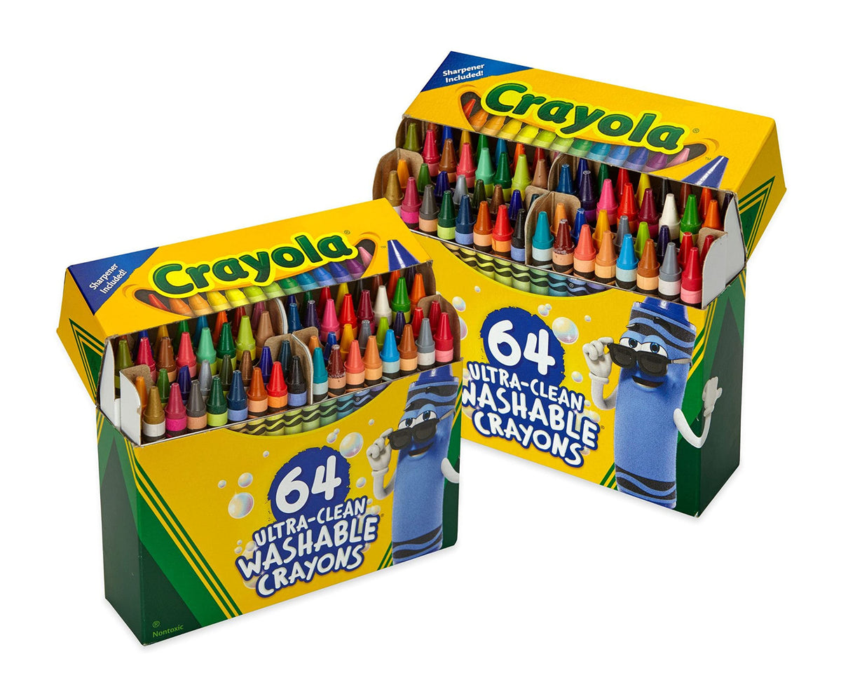 Crayola Washable Crayons 64-count two-box set offers vibrant colors; easy cleanup after crafts.