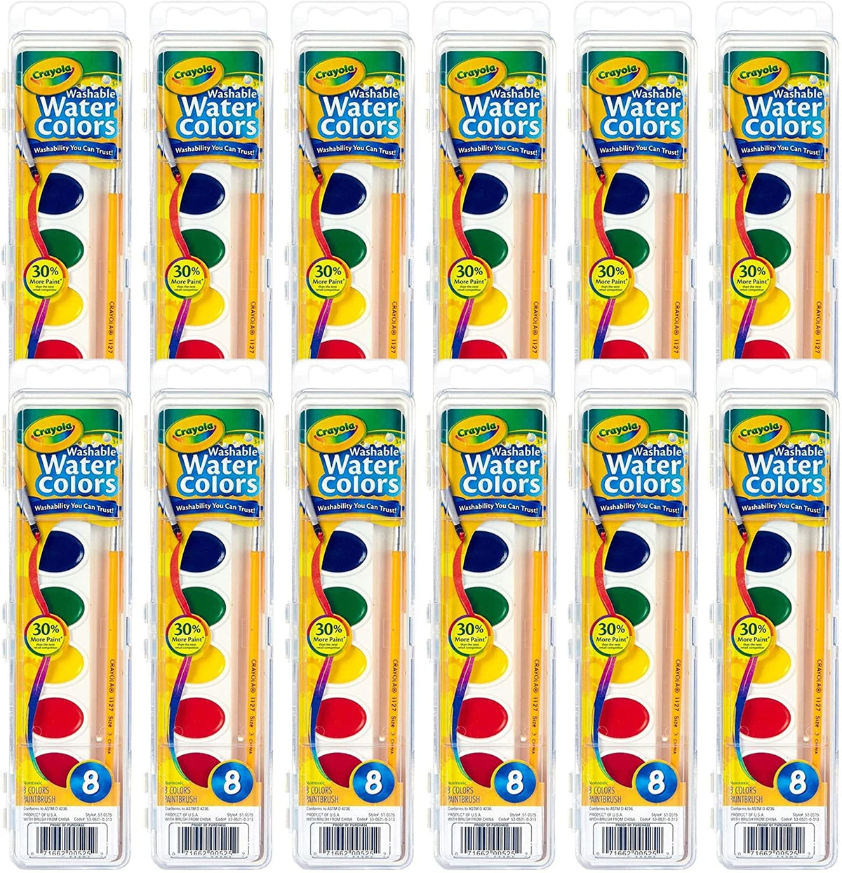 Crayola Washable Watercolor Paint Sets 12ct packaging offers easy bulk classroom organization.