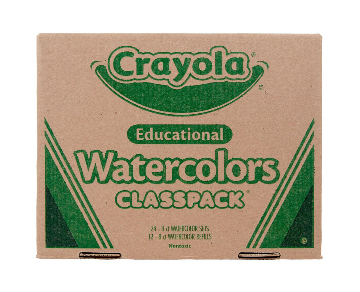 Crayola Watercolors Classpack 24-pans set in box supports classroom art projects.