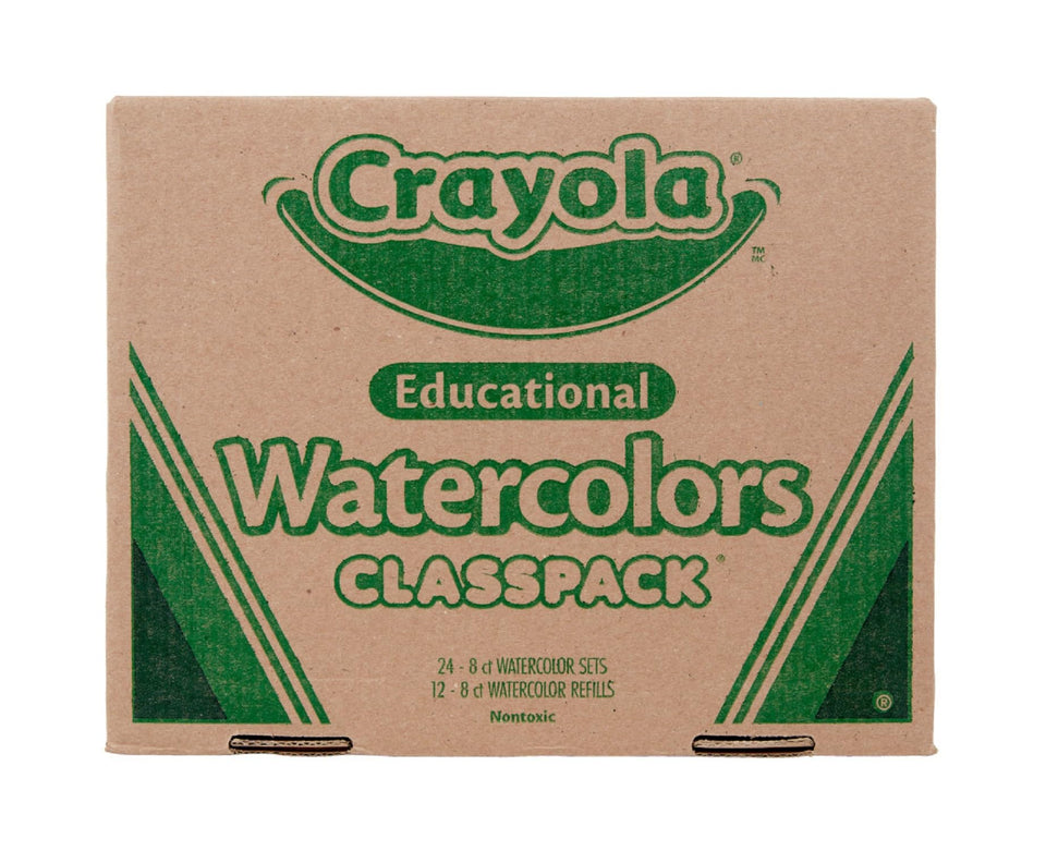 Crayola Watercolors Classpack 24-pans set in box supports classroom art projects.