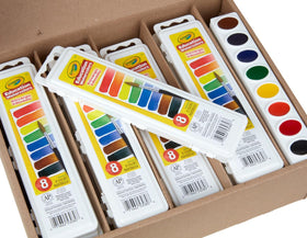 Crayola Watercolors Classpack storage in classroom cabinet for easy access.