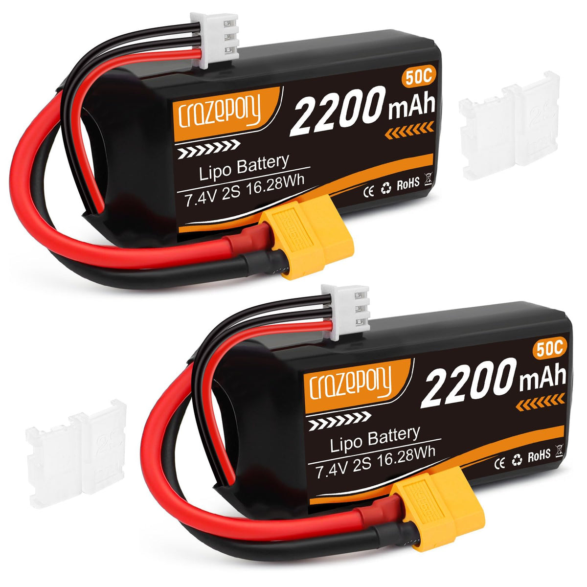 Crazepony 2S Lipo Battery 2200mAh 50C with XT60, high-discharge for fast RC models.