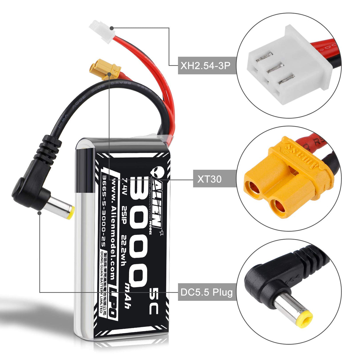 Crazepony 3000mAh 2S LiPo battery with XT30 and DC5.5 plug close-up for reliable connections