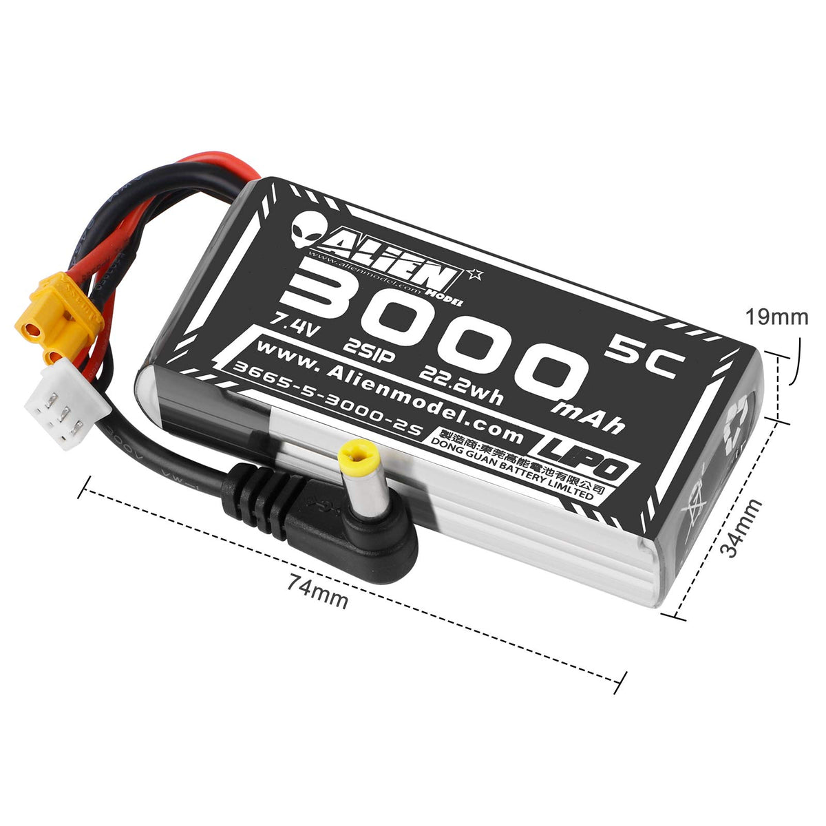 Crazepony 3000mAh LiPo battery lifecycle 300+ cycles, back view shown