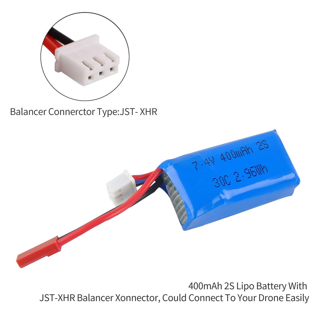 Crazepony 400mAh 2S battery with JST plug in detailed view for quick setup