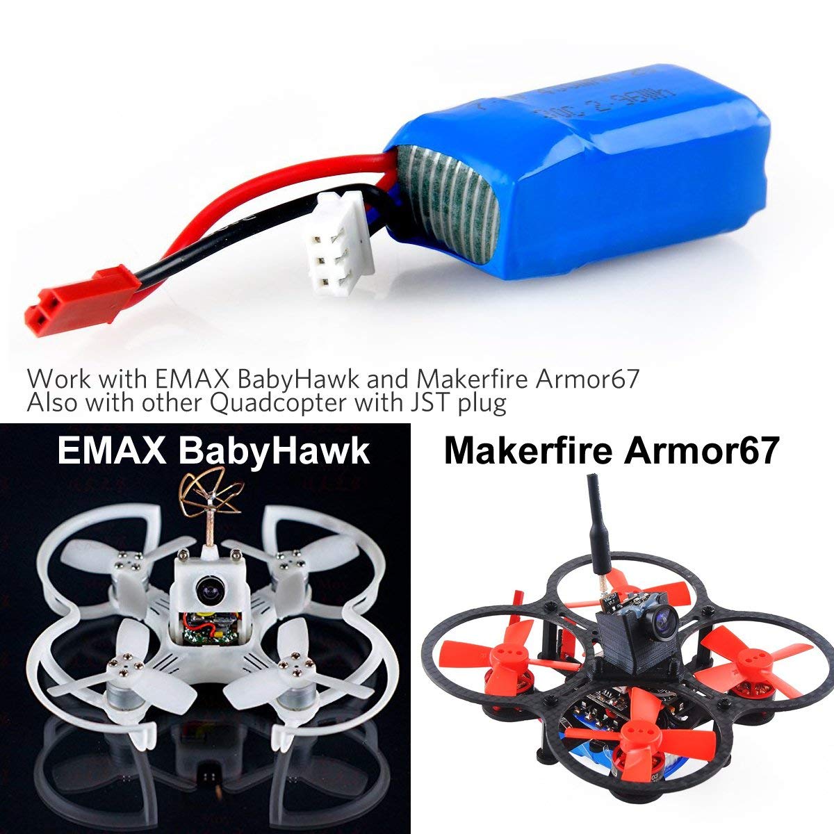 Crazepony 400mAh 2S battery dimensions 38x19x19mm for tight airframes