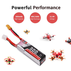 Crazepony 300mAh 3S battery with XT30 wires and connector close-up