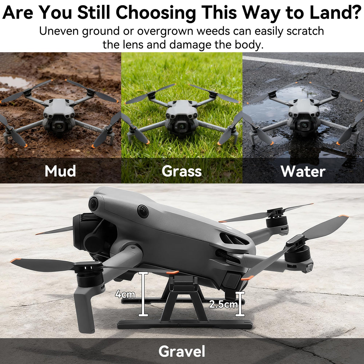 Craznick DJI Mini 5 Pro foldable landing gear keeps the drone elevated on uneven surfaces.