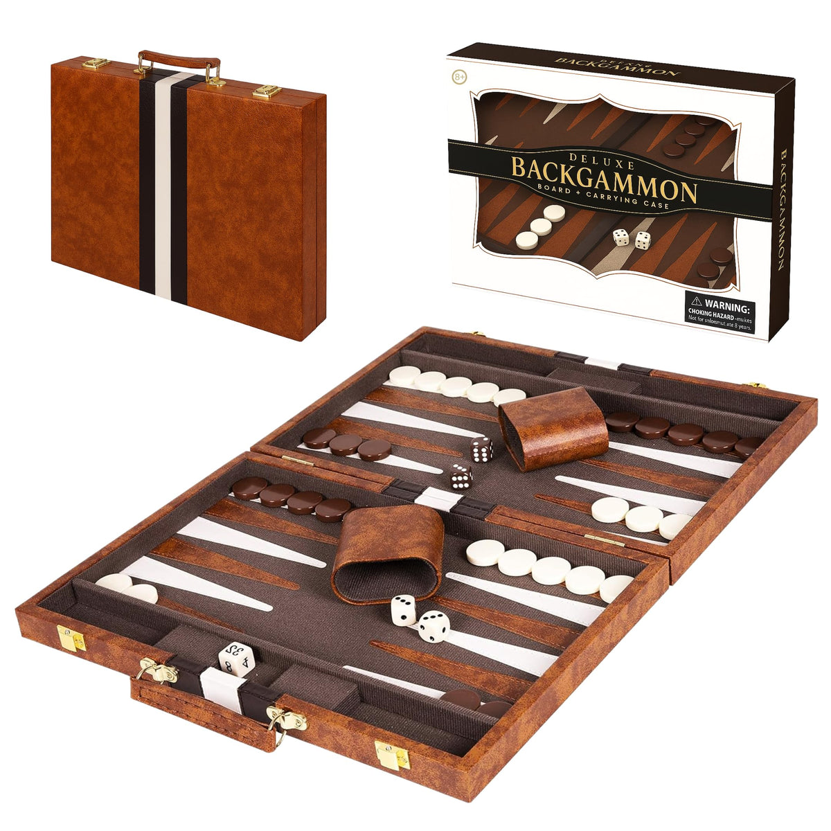 Crazy Games premium backgammon board 15 inches in medium brown for home and travel play