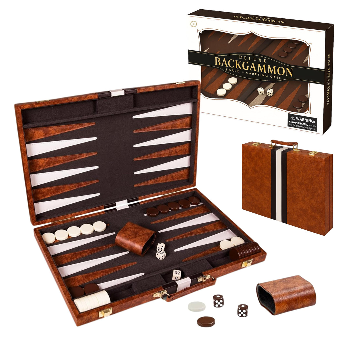 Crazy Games premium backgammon case 15inches medium brown with secure clasps