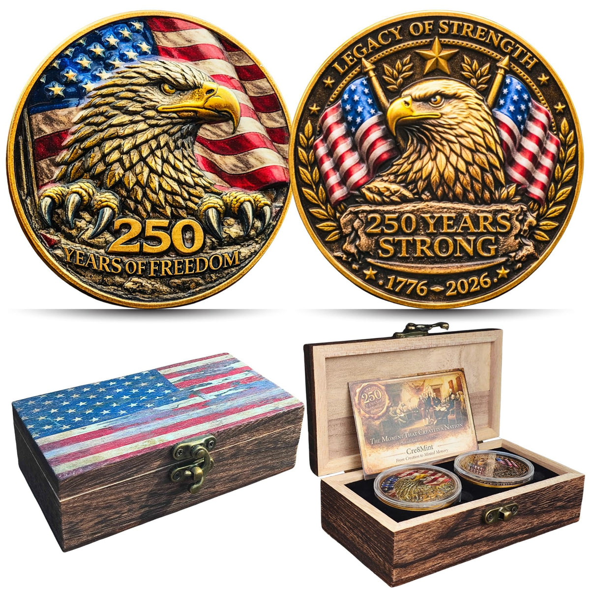 Cre8Mint 250th Anniversary coin set: dramatic eagle and Liberty Bell imagery for display and gifting