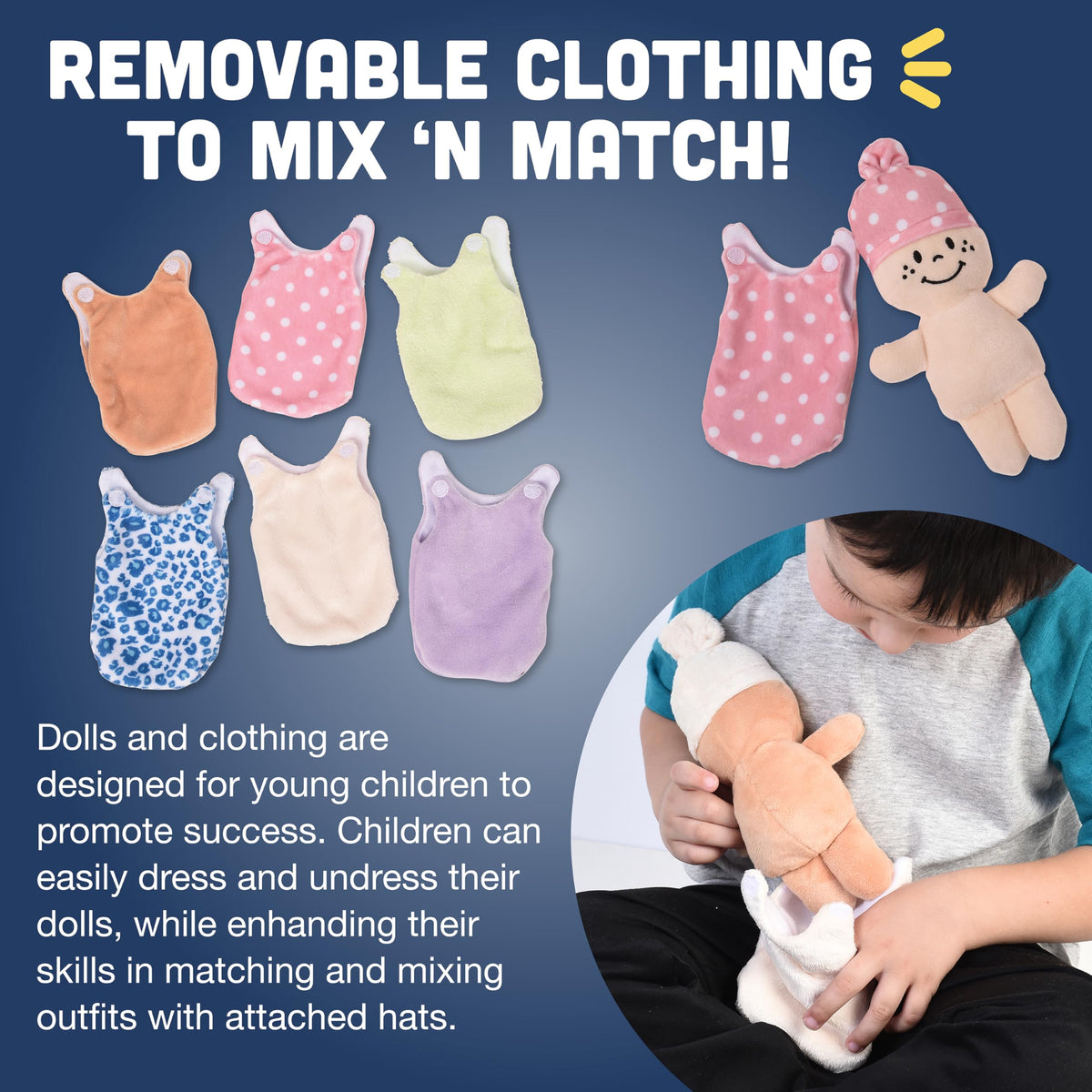 Cre8tive Minds doll with permanent hat and removable onesie enables easy dress-up play.