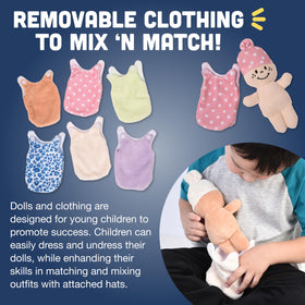 Cre8tive Minds doll with permanent hat and removable onesie enables easy dress-up play.