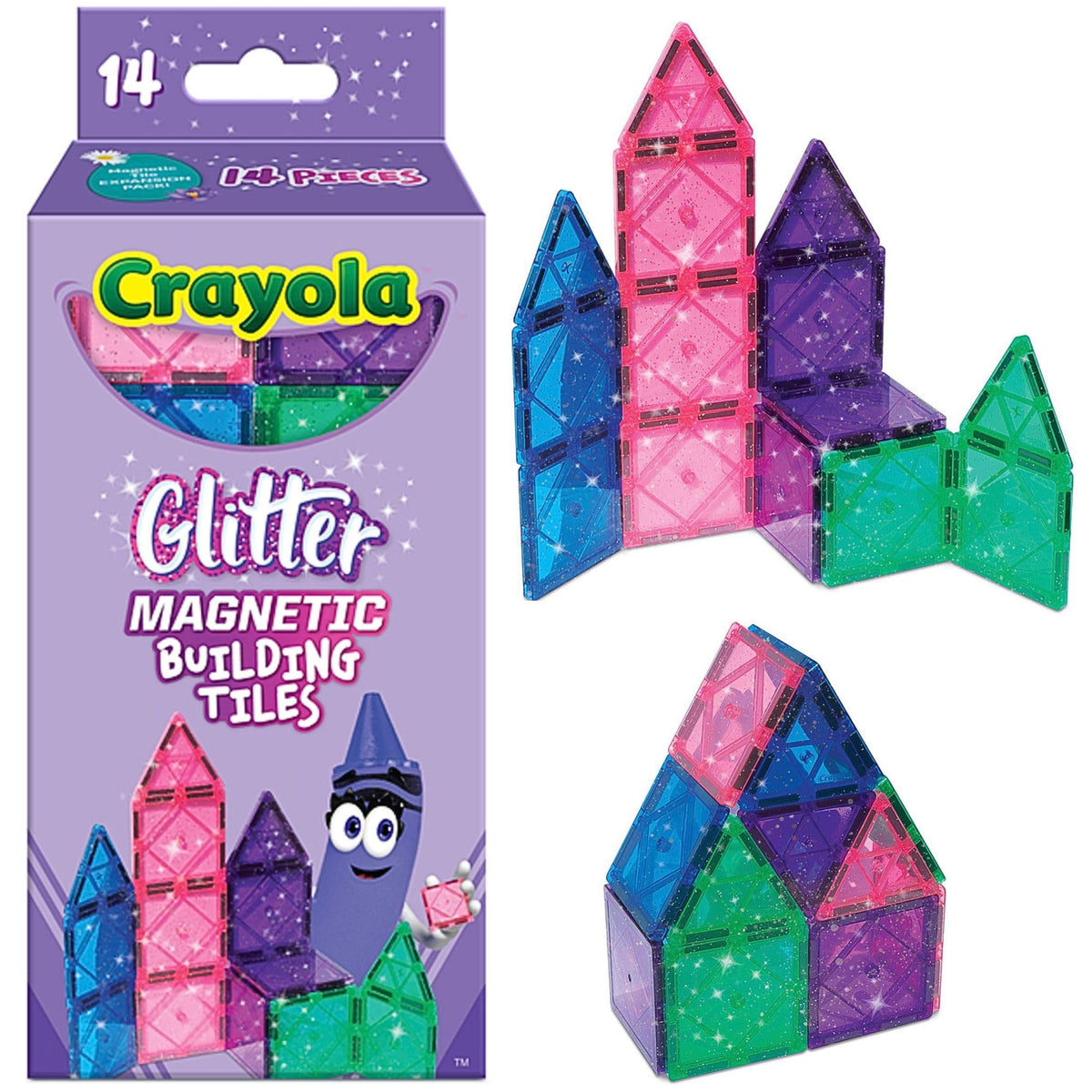 CreateOn Crayola glitter magnetic tiles 14-piece set for portable STEM play on the go