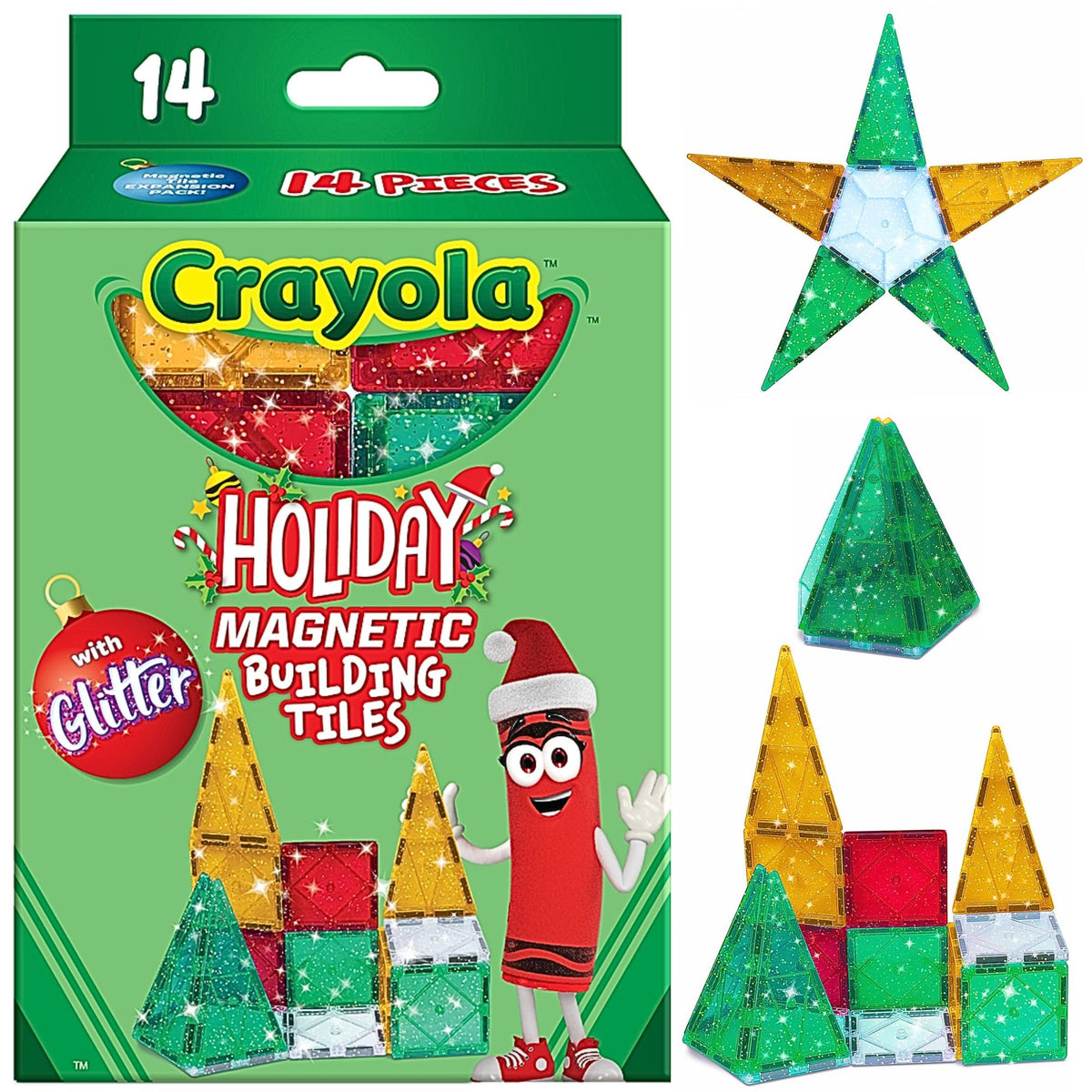 CreateOn Crayola Holiday Glitter magnetic tiles front view for creative building on the go.