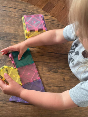 CreateOn Crayola Magnetic Tiles pastel travel set supports quiet, creative travel activities