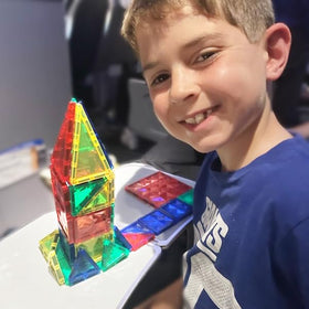 CreateOn Crayola Mini Magnetic Tiles travel-ready set fits in a bag for on-the-go fun